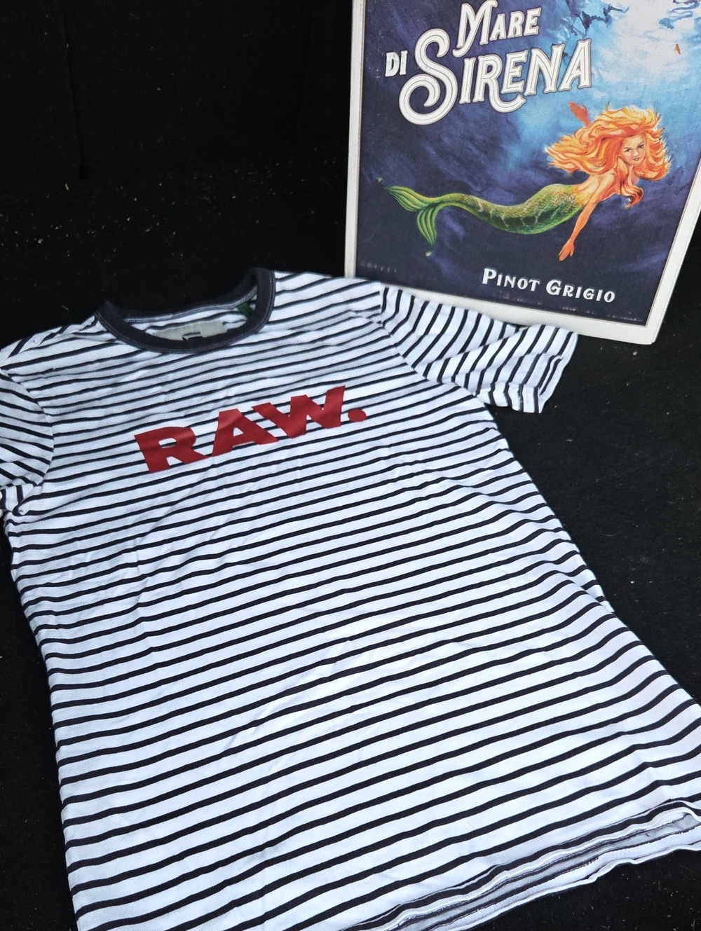 G-Star Black & White Striped Tee with Red RAW Logo
